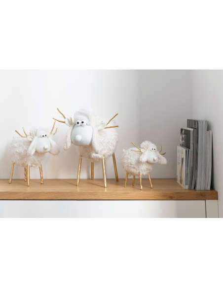 Grande Statuette originale Mouton avec bonnet Hauteur 34 cm en Tissu Blanc crème Doré Syralis - 2