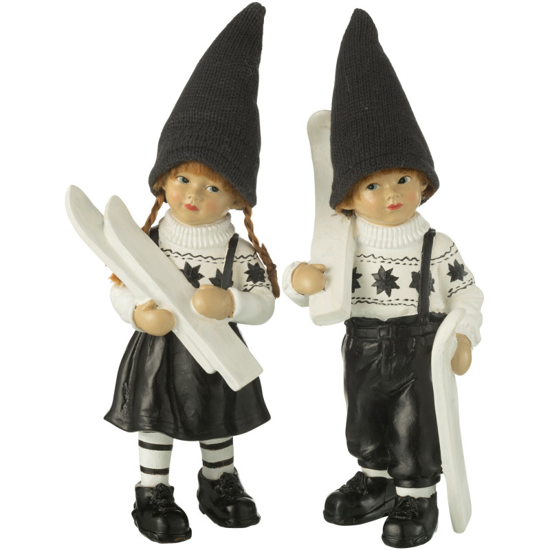 Grandes Statuettes déco vintage Enfants Ski Hauteur 29 cm en Résine Noir Blanc Clorinn (Lot de 2) - 1