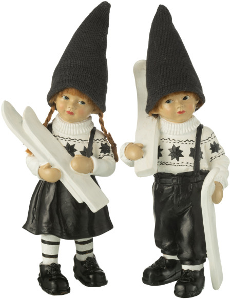 Grandes Statuettes déco vintage Enfants Ski Hauteur 29 cm en Résine Noir Blanc Clorinn (Lot de 2) - 1