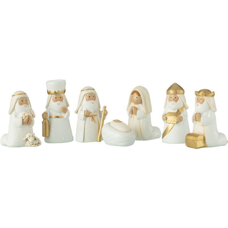 Crèche de Noël déco 7 personnages Hauteur 6 cm en Résine Blanc Doré Nativité - 1