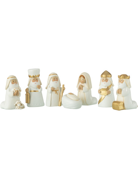 Crèche de Noël déco 7 personnages Hauteur 6 cm en Résine Blanc Doré Nativité J-Line - 1