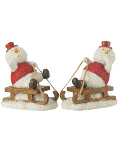 Statuettes originales Bonhommes de neige luge Hauteur 12 cm en Résine Blanc Rouge Zarnelle (Lot de 2) - 1