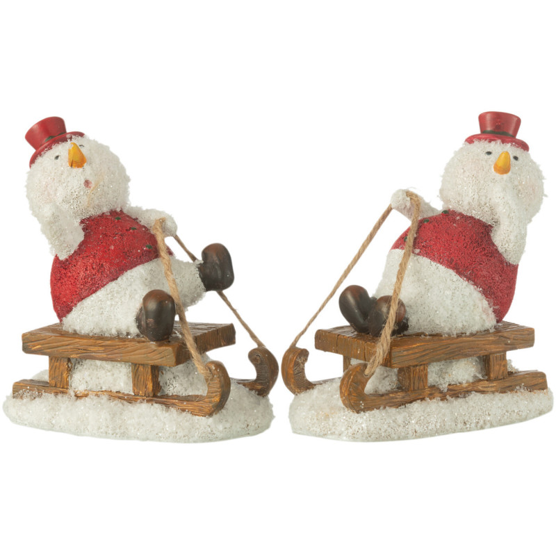 Statuettes originales Bonhommes de neige luge Hauteur 12 cm en Résine Blanc Rouge Zarnelle (Lot de 2) - 1