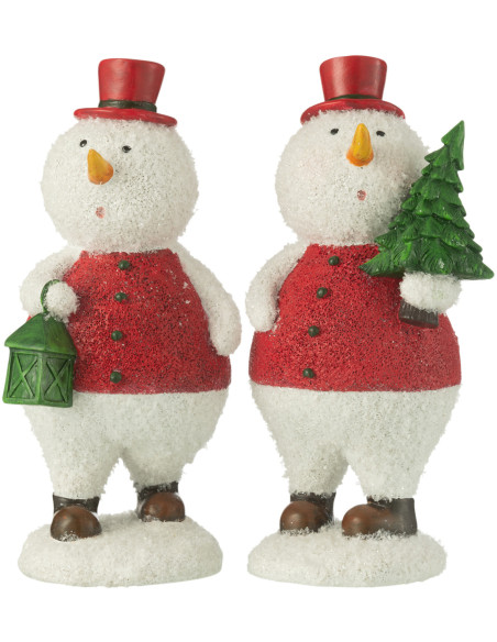 Grandes Statuettes déco Bonhommes de neige Hauteur 24 cm en Résine Blanc Rouge Vert Thariel (Lot de 2) - 1