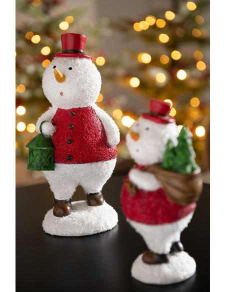 Grandes Statuettes déco Bonhommes de neige Hauteur 24 cm en Résine Blanc Rouge Vert Thariel (Lot de 2) - 2