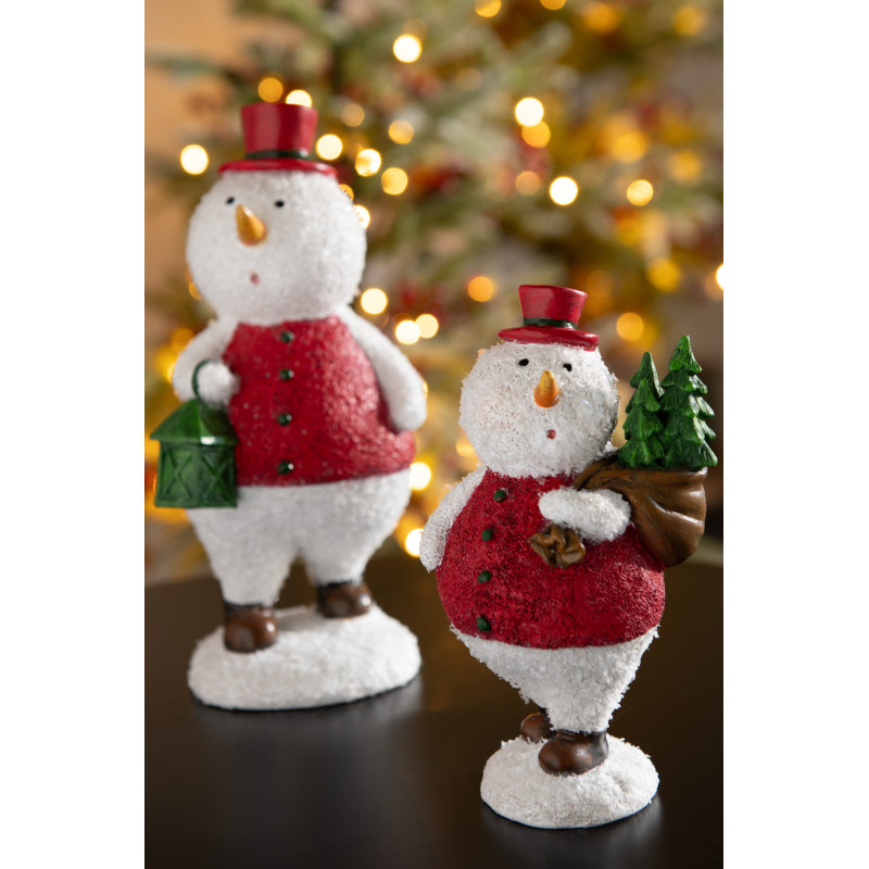 Grandes Statuettes déco Bonhommes de neige Hauteur 24 cm en Résine Blanc Rouge Vert Thariel (Lot de 2) - 4
