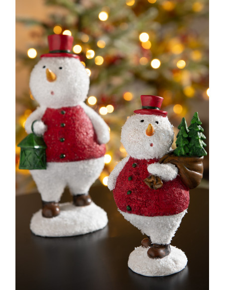 Grandes Statuettes déco Bonhommes de neige Hauteur 24 cm en Résine Blanc Rouge Vert Thariel (Lot de 2) - 4