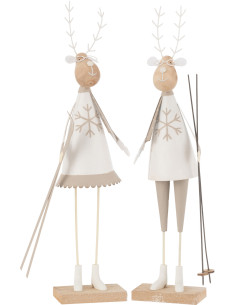Statuettes déco Couple Rennes Ski Hauteur 37 cm en Métal Blanc Beige Bois Naturel Lysnor (Lot de 2) - 1
