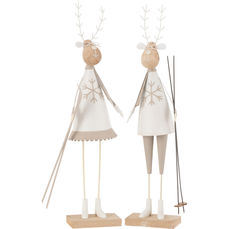 Statuettes déco Couple Rennes Ski Hauteur 37 cm en Métal Blanc Beige Bois Naturel Lysnor (Lot de 2) - 1