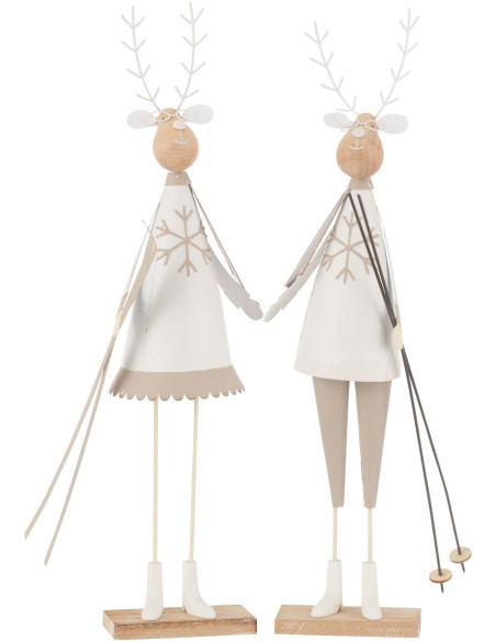 Grandes Statuettes déco Couple Rennes Ski Hauteur 49 cm en Métal Blanc Beige Bois Naturel Lysnor (Lot de 2) - 1