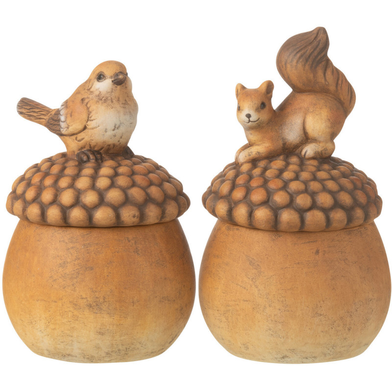 Statuettes déco Oiseau Écureuil sur gland Hauteur 14 cm en Porcelaine Marron Arelis (Lot de 2) - 1