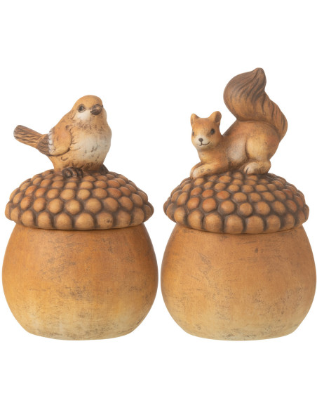Statuettes déco Oiseau Écureuil sur gland Hauteur 14 cm en Porcelaine Marron Arelis (Lot de 2) - 1