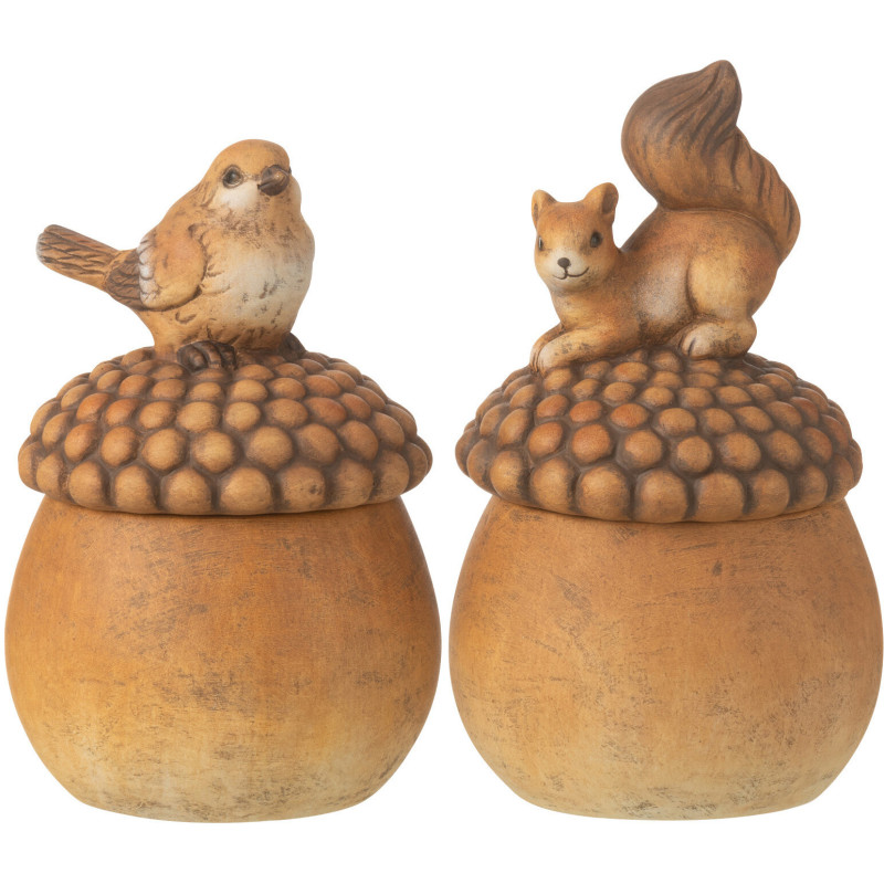 Grandes Statuettes déco Oiseau Écureuil sur gland Hauteur 22 cm en Porcelaine Marron Arelis (Lot de 2) - 1