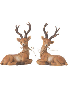 Statuettes déco Rennes couchés 13 cm en Porcelaine Marron Solyven (Lot de 2) - 1