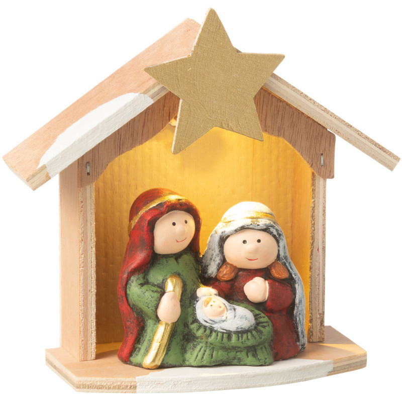 Petite Crèche de Noël lumineuse moderne 14 cm en Porcelaine Bois Naturel Cyrlyn - 1