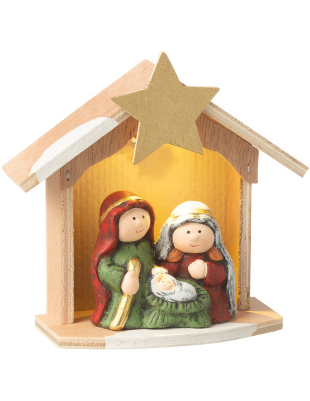 Petite Crèche de Noël lumineuse moderne 14 cm en Porcelaine Bois Naturel Cyrlyn - 1