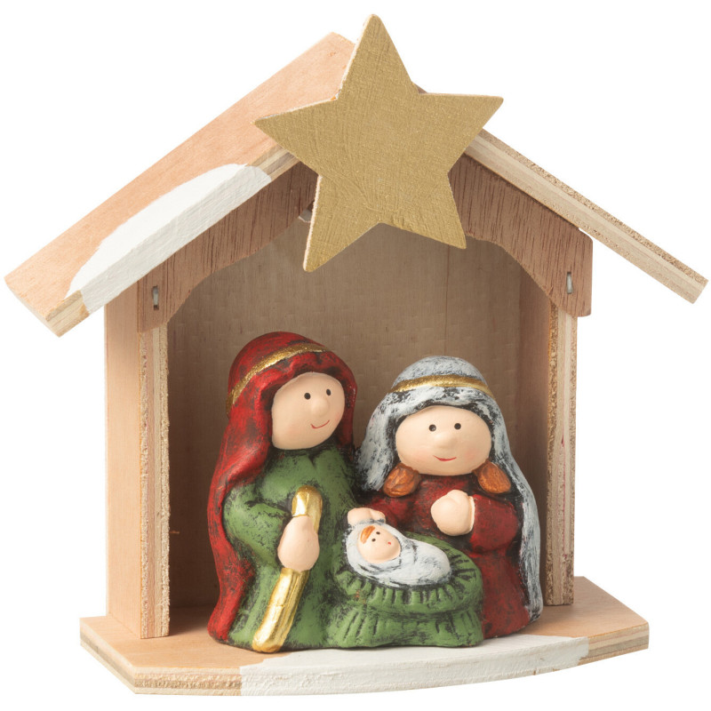 Petite Crèche de Noël lumineuse moderne 14 cm en Porcelaine Bois Naturel Cyrlyn - 2