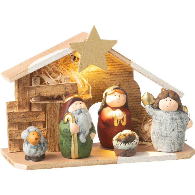 Crèche de Noël lumineuse moderne 21 cm en Porcelaine Bois Naturel Cyrlyn - 1
