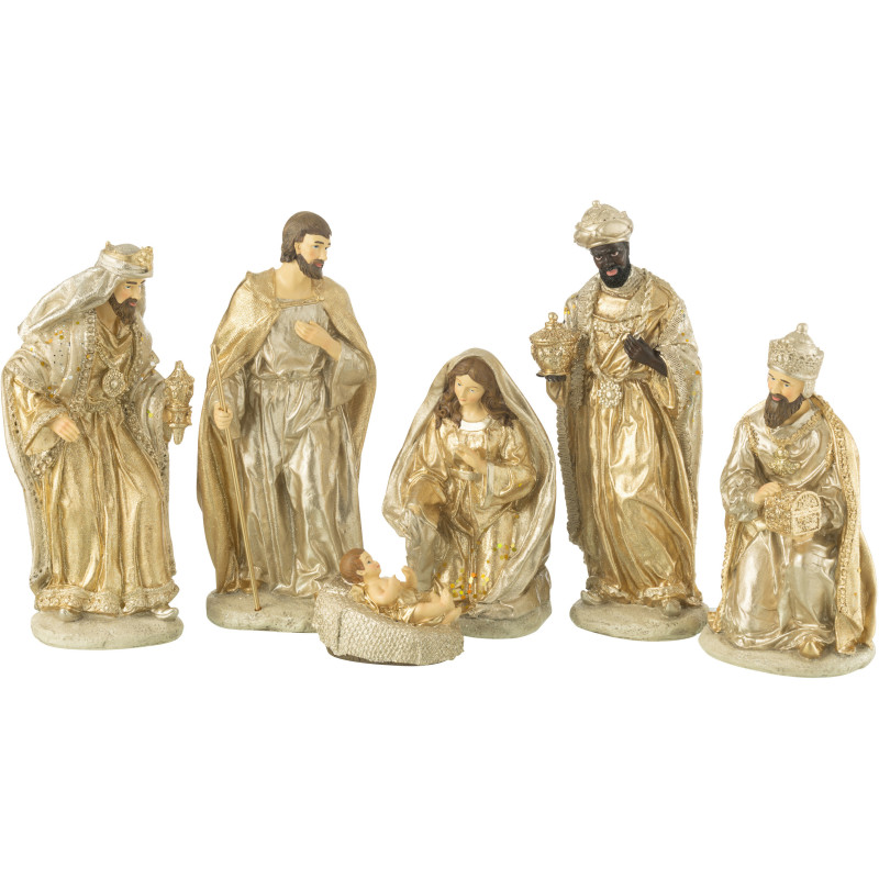 Grande Crèche de Noël 6 personnages Hauteur 30 cm en Résine Doré Argenté Zynoris - 1