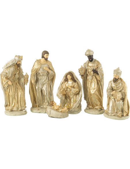 Grande Crèche de Noël 6 personnages Hauteur 30 cm en Résine Doré Argenté Zynoris J-Line - 1