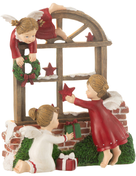Statuette déco de Noël lumineuse Enfants Fenêtre Hauteur 20 cm en Résine Marron Rouge Blanc Faliora - 1