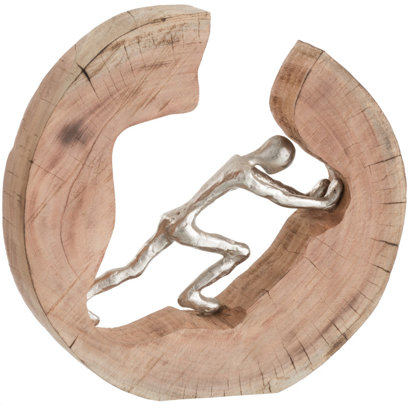 Sculpture moderne Homme qui pousse 28 cm en Bois Naturel Métal Argenté Neryss - 1