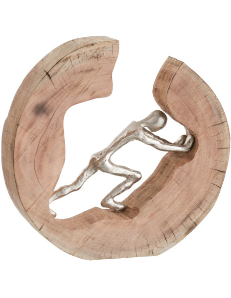 Sculpture moderne Homme qui pousse 28 cm en Bois Naturel Métal Argenté Neryss - 1