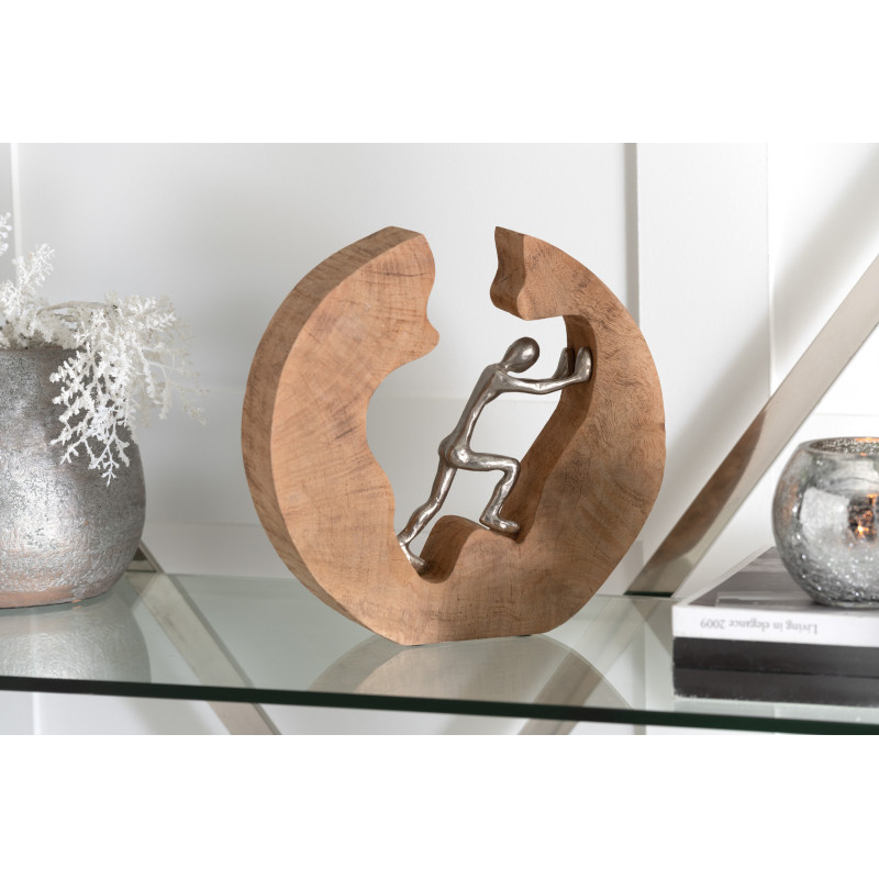 Sculpture moderne Homme qui pousse 28 cm en Bois Naturel Métal Argenté Neryss - 2