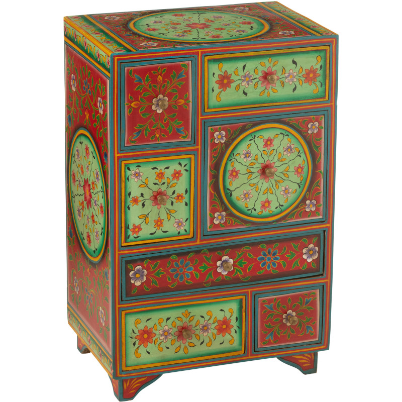 Chiffonnier original Indien 7 tiroirs en Bois de manguier Vert Rouge Motif fleurs Mumbai - 1