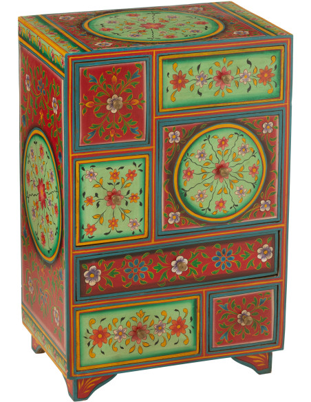 Chiffonnier original Indien 7 tiroirs en Bois de manguier Vert Rouge Motif fleurs Mumbai - 1