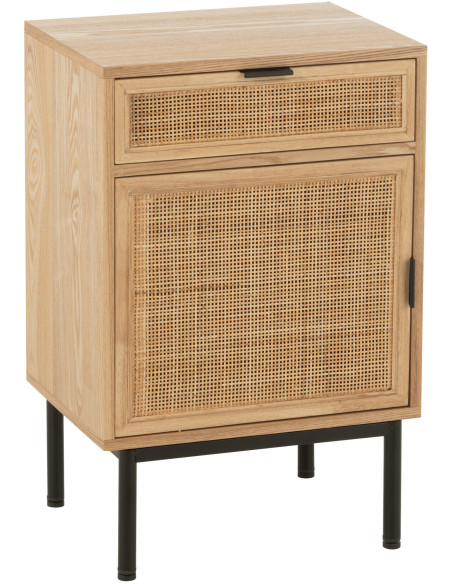 Chevet moderne 1 porte 1 tiroir en Bois Naturel Cannage Métal Noir Elbe - 1