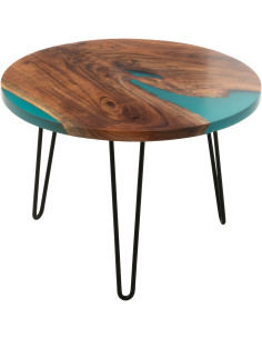 Table basse originale Ronde en Bois d'acacia Naturel Résine Bleu Métal Noir Noaïra - 1