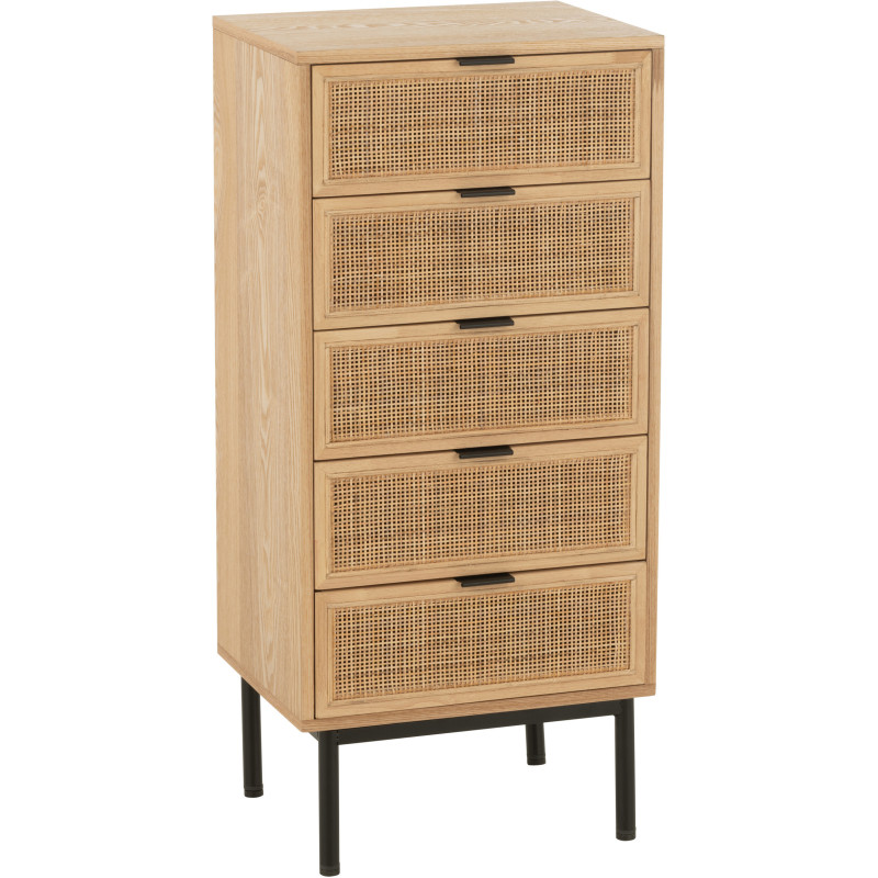 Chiffonnier moderne 5 tiroirs en Bois Naturel Cannage Métal Noir Elbe - 1