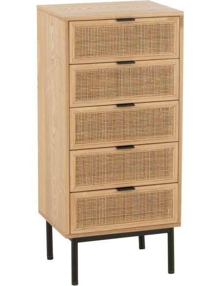 Chiffonnier moderne 5 tiroirs en Bois Naturel Cannage Métal Noir Elbe - 1