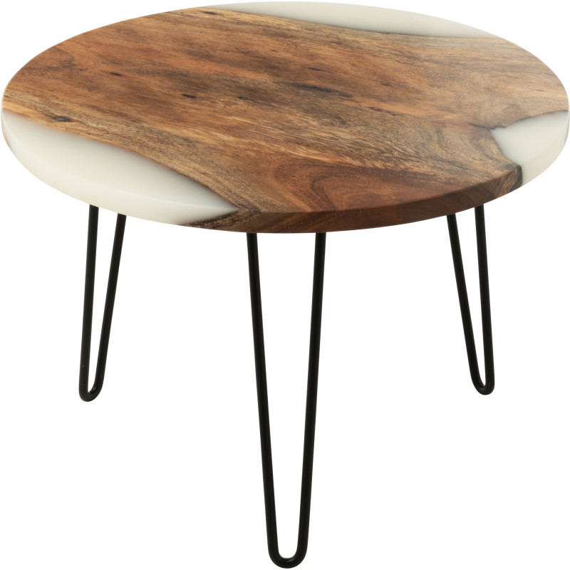 Table basse originale Ronde en Bois d'acacia Naturel Résine Blanc Métal Noir Noaïra - 1