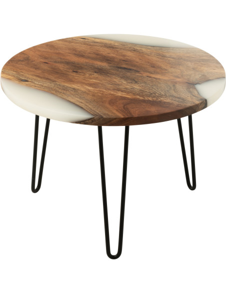 Table basse originale Ronde en Bois d'acacia Naturel Résine Blanc Métal Noir Noaïra - 1