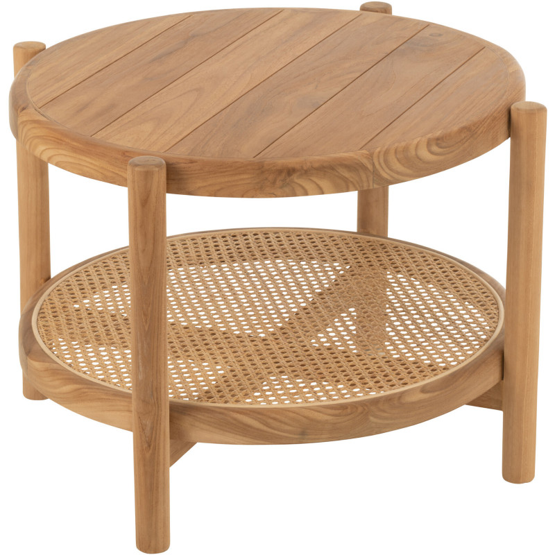 Table basse bord de mer Ronde 1 étagère en Bois de teck Naturel Cannage Calysa - 1