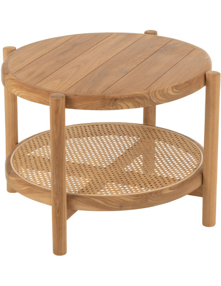 Table basse bord de mer Ronde 1 étagère en Bois de teck Naturel Cannage Calysa - 1