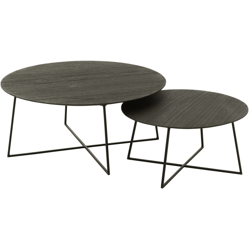 Table basse gigogne moderne Ronde en Bois de teck Métal Noir Kalyar (Lot de 2) - 1