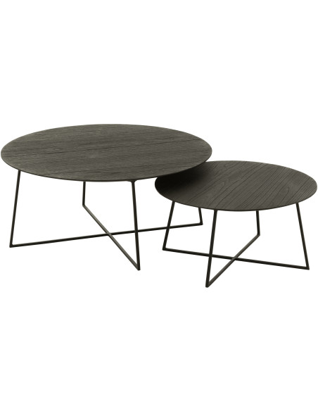 Table basse gigogne moderne Ronde en Bois de teck Métal Noir Kalyar (Lot de 2) - 1