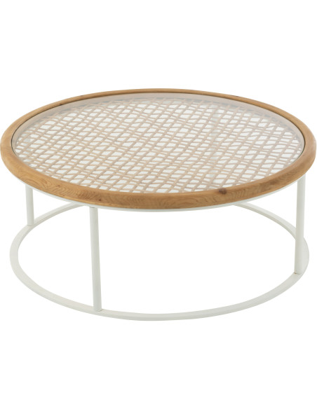 Grande Table basse bord de mer Ronde en Bois d'épicéa Naturel Verre Transparent Métal Blanc Motif cannage Mati - 1