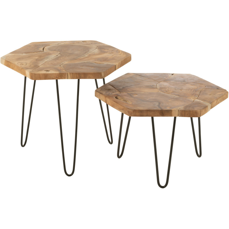 Table basse gigogne rustique Hexagonale en Bois de teck Naturel Métal Noir Hexa (Lot de 2) - 1