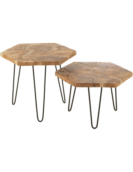 Table basse gigogne rustique Hexagonale en Bois de teck Naturel Métal Noir Hexa (Lot de 2) - 1