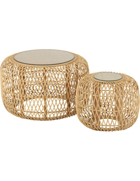 Table basse africaine Ronde en Bois de bambou Bois de sapin Naturel Motif tressé Africa (Lot de 2) - 1