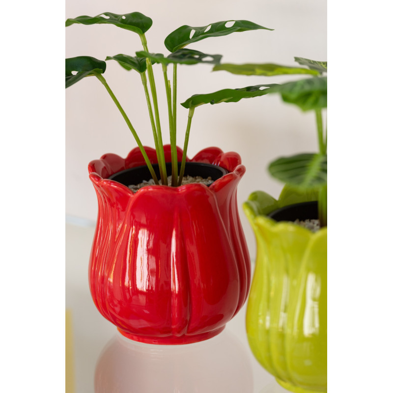 Cache pot original sur pied Rond Hauteur 18 cm en Céramique Rouge Orange Jaune Vert Pitaya (Lot de 4) - 3