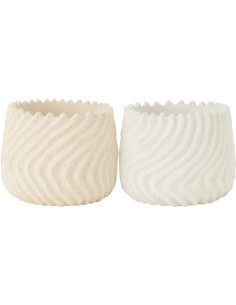 Grand Cache pot original Rond Diamètre 20 cm en Ciment Blanc Crème Motif vagues Maris (Lot de 2) - 1