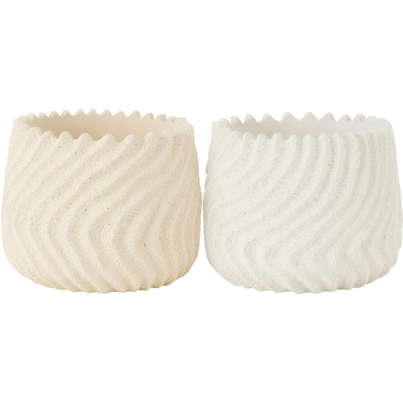 Grand Cache pot original Rond Diamètre 20 cm en Ciment Blanc Crème Motif vagues Maris (Lot de 2) - 1