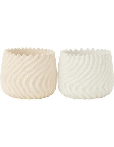 Grand Cache pot original Rond Diamètre 20 cm en Ciment Blanc Crème Motif vagues Maris (Lot de 2) - 1