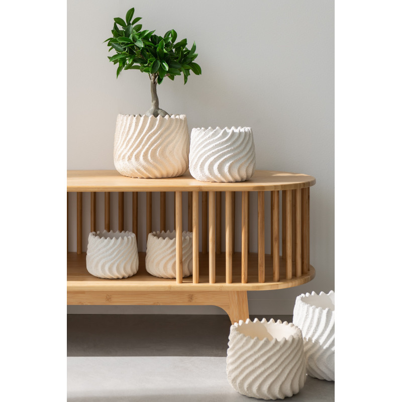 Grand Cache pot original Rond Diamètre 20 cm en Ciment Blanc Crème Motif vagues Maris (Lot de 2) - 2