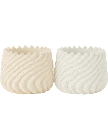 Cache pot original Rond Diamètre 17 cm en Ciment Blanc Crème Motif vagues Maris (Lot de 2) - 1